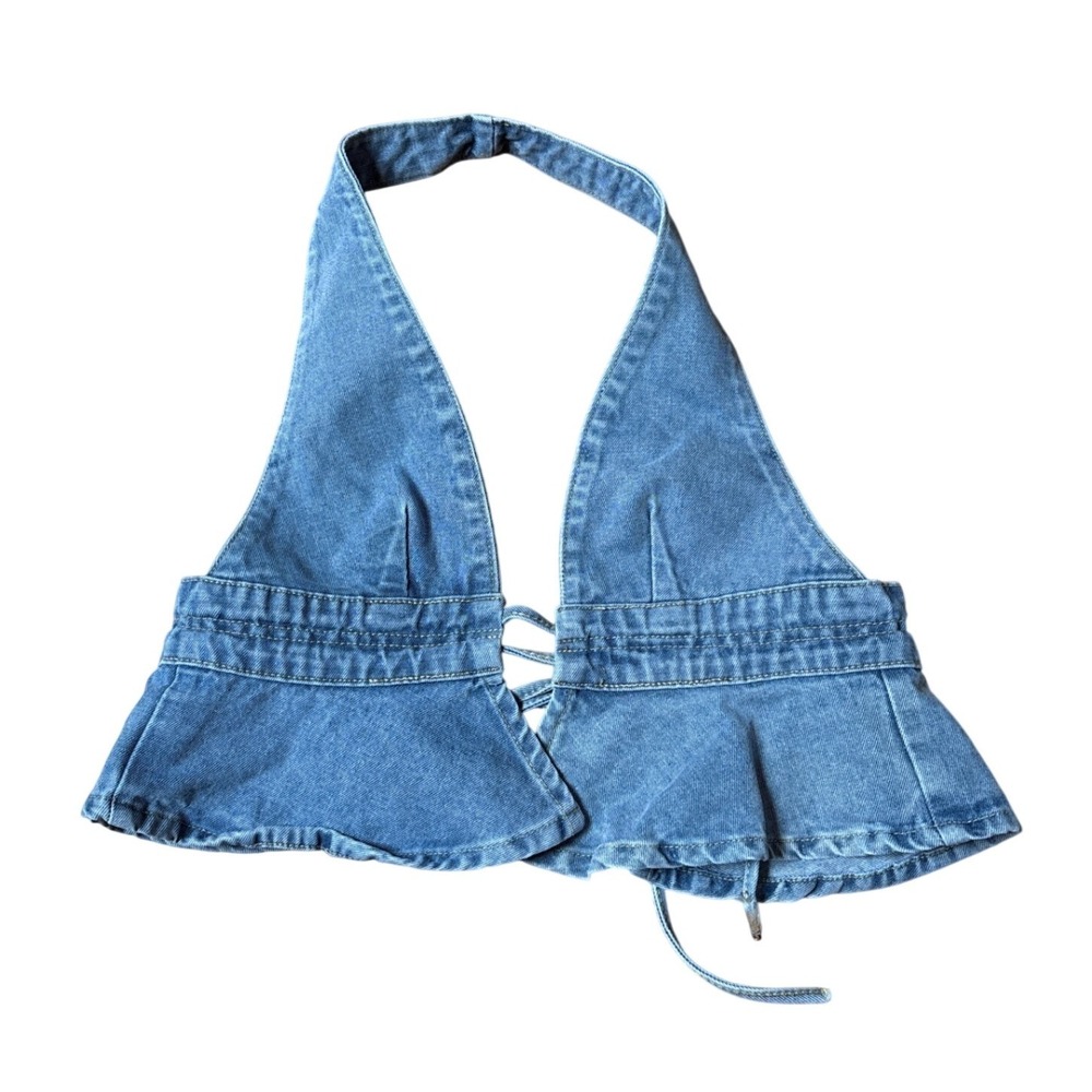 Denim Halter Top Women Blue Lace Up Boho Festival SIZE S